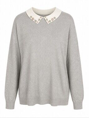 ELLE | Beaded Peter Pan Collar Soft Girl Academia‎ Grey Knit Sweater | 2X